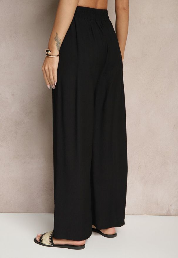 Renee - Czarne Szerokie Spodnie High Waist z Wiskozy z Gumką w Talii Lannalie. Okazja: na co dzień. Stan: podwyższony. Kolor: czarny. Materiał: wiskoza. Styl: elegancki, casual