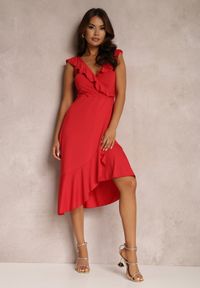 Renee - Czerwona Sukienka Galare. Kolor: czerwony. Materiał: wiskoza, tkanina. Długość rękawa: bez rękawów. Wzór: aplikacja. Typ sukienki: kopertowe