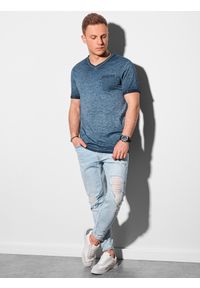 Ombre Clothing - T-shirt męski z kieszonką - ciemnoniebieski melanż V7 S1388 - L. Kolor: niebieski. Materiał: bawełna, jeans. Wzór: melanż