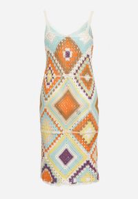 Born2be - Żółta Wzorzysta Sukienka Midi z Szydełkowej Bawełny na Cienkich Ramiączkach Juliesa. Kolor: żółty. Materiał: bawełna. Długość rękawa: na ramiączkach. Wzór: geometria. Sezon: wiosna, lato. Długość: midi #3