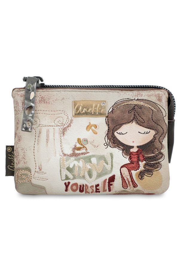 Beżowa Stylowa Portmonetka Damska Anekke. Kolor: beżowy. Wzór: aplikacja, haft