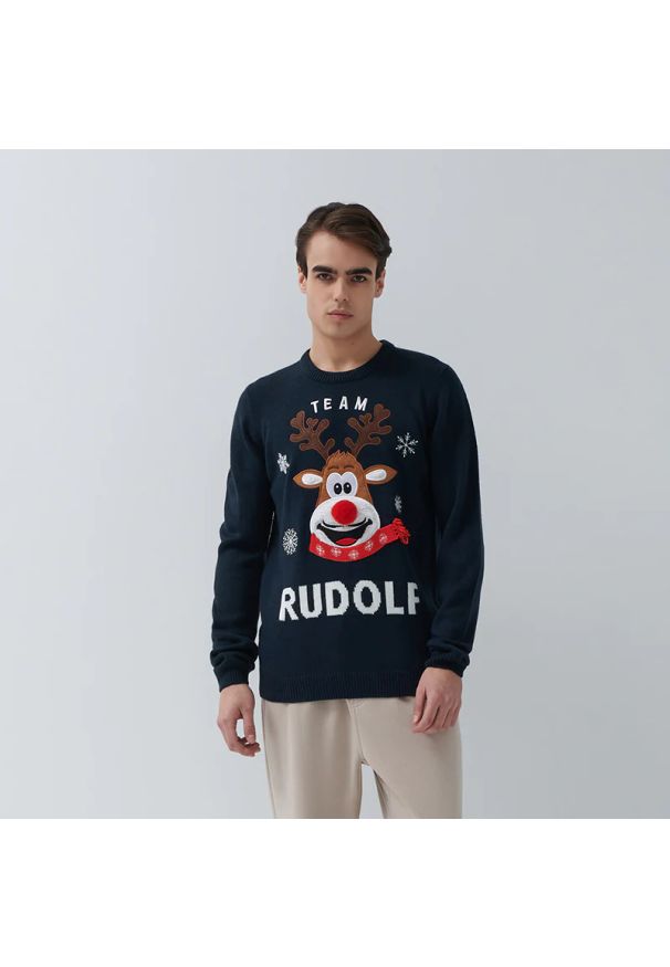 House - Świąteczny sweter Team Rudolf - Granatowy. Kolor: niebieski. Styl: wizytowy