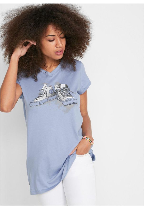 bonprix - Długi shirt z nadrukiem. Kolor: niebieski. Długość: długie. Wzór: nadruk