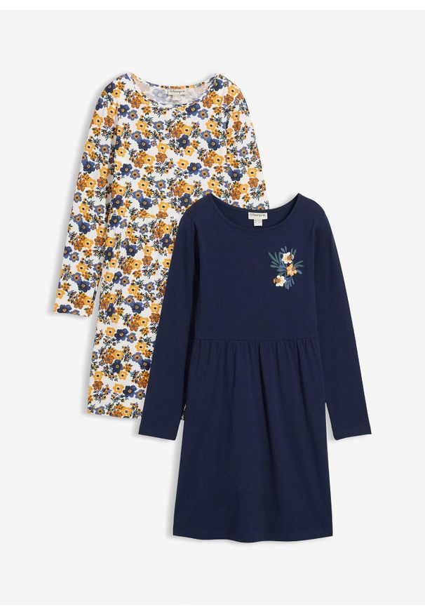 bonprix - Dżersejowa sukienka (2 szt.), z czystej bawełny organicznej. Okazja: na co dzień. Kolor: biały. Materiał: jersey, bawełna. Wzór: nadruk, kwiaty. Typ sukienki: rozkloszowane, proste. Styl: casual