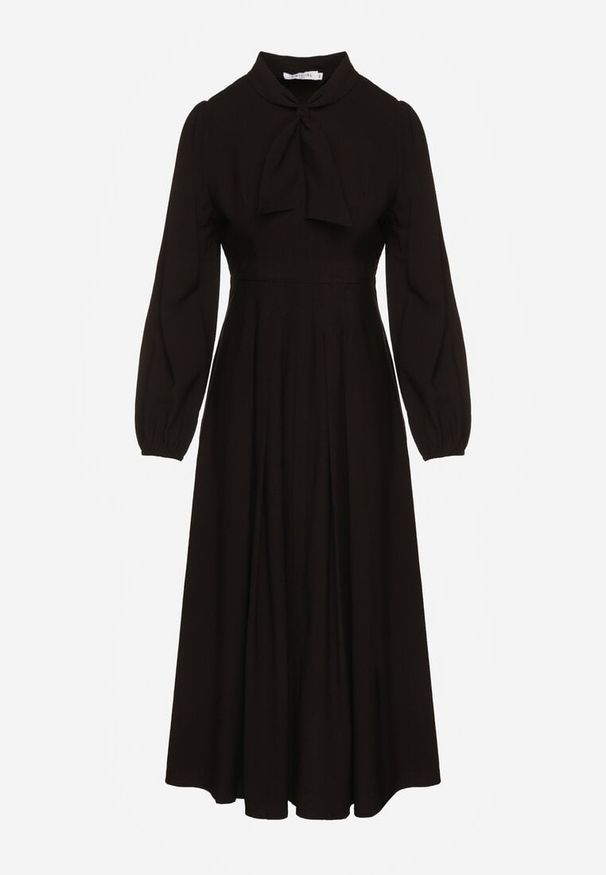 Renee - Czarna Sukienka Plisowana z Wiskozy Ozdobiona Wiązaniem Farrive. Okazja: na co dzień. Kolor: czarny. Materiał: wiskoza. Wzór: aplikacja. Styl: elegancki, klasyczny, casual