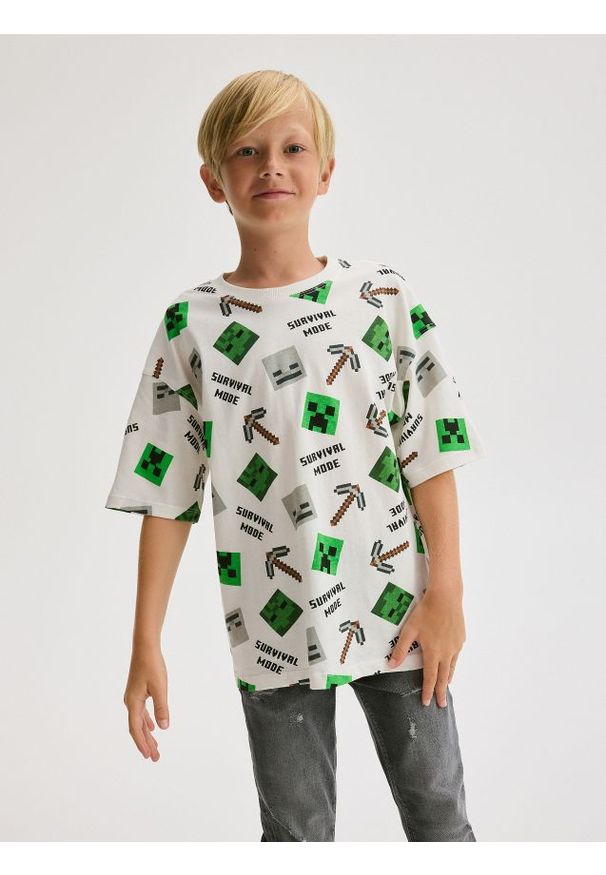 Reserved - Bawełniany t-shirt Minecraft - złamana biel. Materiał: bawełna