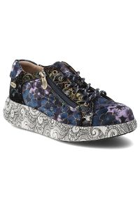 Granatowe Sneakersy Laura Vita Modne Obuwie Damskie. Okazja: na co dzień. Zapięcie: sznurówki. Kolor: niebieski. Materiał: jeans. Wzór: kwiaty, aplikacja, nadruk. Styl: casual, boho, klasyczny