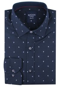 Męska Koszula, Taliowana (Slim Fit) - Rigon - Granat, Drobny Wzór. Okazja: do pracy, na spotkanie biznesowe. Kolor: niebieski. Materiał: bawełna, poliester, elastan. Długość rękawa: długi rękaw. Długość: długie. Styl: wizytowy, elegancki, biznesowy #3