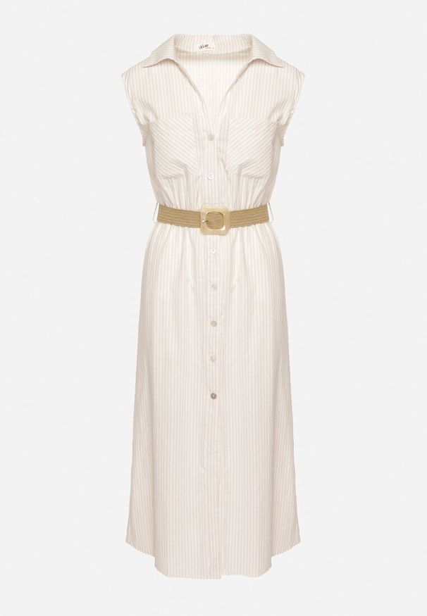 Born2be - Beżowa Bawełniana Sukienka Koszulowa z Gumką w Talii i Paskiem z Klamrą Xalorea. Kolor: beżowy. Materiał: bawełna. Wzór: paski. Typ sukienki: koszulowe