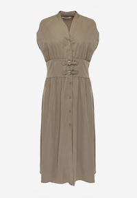 Born2be - Zielona Sukienka Koszulowa z Modelującym Przeszyciem ze Sprzączkami w Talii Puresa. Okazja: na co dzień, do pracy, na spotkanie biznesowe. Kolor: zielony. Typ sukienki: koszulowe. Styl: casual, biznesowy #7