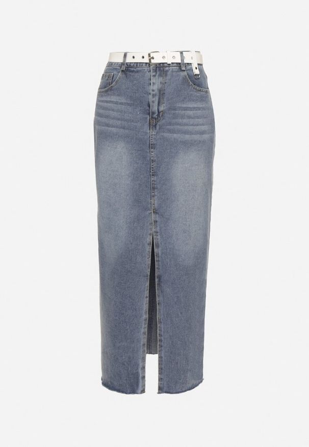 Born2be - Niebieska Ołówkowa Spódnica Jeansowa z Rozcięciem z Przodu Limirea. Okazja: na co dzień. Kolor: niebieski. Materiał: jeans. Styl: casual