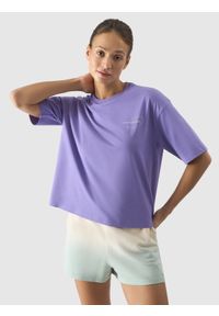 4f - T-shirt oversize z nadrukiem damski - fioletowy. Okazja: na co dzień. Kolor: fioletowy. Materiał: skóra, jersey, bawełna, dzianina. Wzór: nadruk. Styl: casual, sportowy, klasyczny