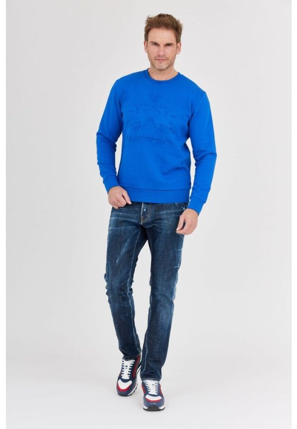 La Martina - LA MARTINA Niebieska bluza męska z tłoczonym logo, Rozmiar XXL. Kolor: niebieski. Długość rękawa: długi rękaw