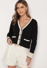 Born2be - Czarny Kardigan z Wiskozą z Ozdobną Lamówką i Guzikami Halirena. Okazja: na co dzień. Kolor: czarny. Materiał: wiskoza. Styl: klasyczny, elegancki, casual #5