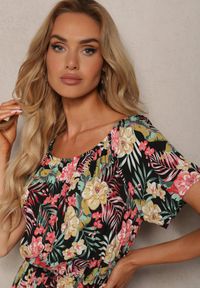Renee - Czarn-Różowa Sukienka z Bawełny w Kwiatowy Print Dimizama. Okazja: na co dzień. Kolor: czarny. Materiał: bawełna. Długość rękawa: krótki rękaw. Wzór: kwiaty, nadruk. Typ sukienki: proste. Styl: elegancki, casual