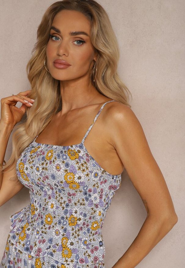 Renee - Fioletowy Komplet z Bawełny Marszczony Top na Ramiączkach Szerokie Spodnie z Gumką w Talii Elary. Kolor: fioletowy. Materiał: bawełna