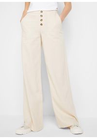 bonprix - Długie spodnie palazzo z domieszką lnu. Kolor: beżowy. Materiał: len. Długość: długie. Styl: elegancki #1