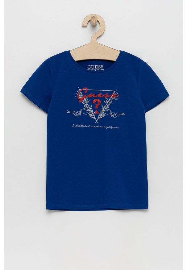 Guess T-shirt dziecięcy. Okazja: na co dzień. Kolor: niebieski. Materiał: bawełna, dzianina. Wzór: nadruk. Styl: casual