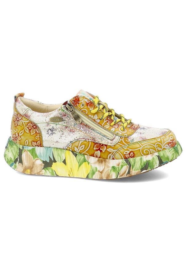 Żółte Sneakersy Laura Vita Modne Obuwie Damskie Edycja Limitowana. Okazja: na co dzień. Zapięcie: sznurówki. Kolor: żółty. Szerokość cholewki: normalna. Wzór: kwiaty, kolorowy, nadruk, aplikacja. Styl: casual