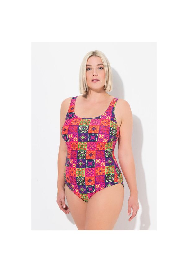 ULLA POPKEN - Damskie Strój kąpielowy wzór w płytki bez miękkich miseczek okrągły dekolt. Kolekcja: plus size. Kolor: fioletowy. Materiał: poliamid, materiał, elastan