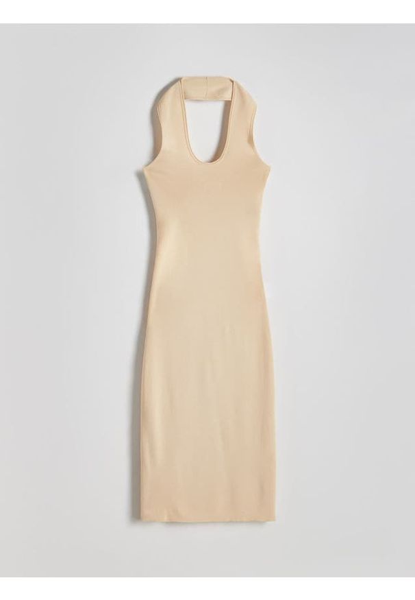 Reserved - Sukienka midi z wiskozą - beżowy. Kolor: beżowy. Materiał: wiskoza. Długość: midi