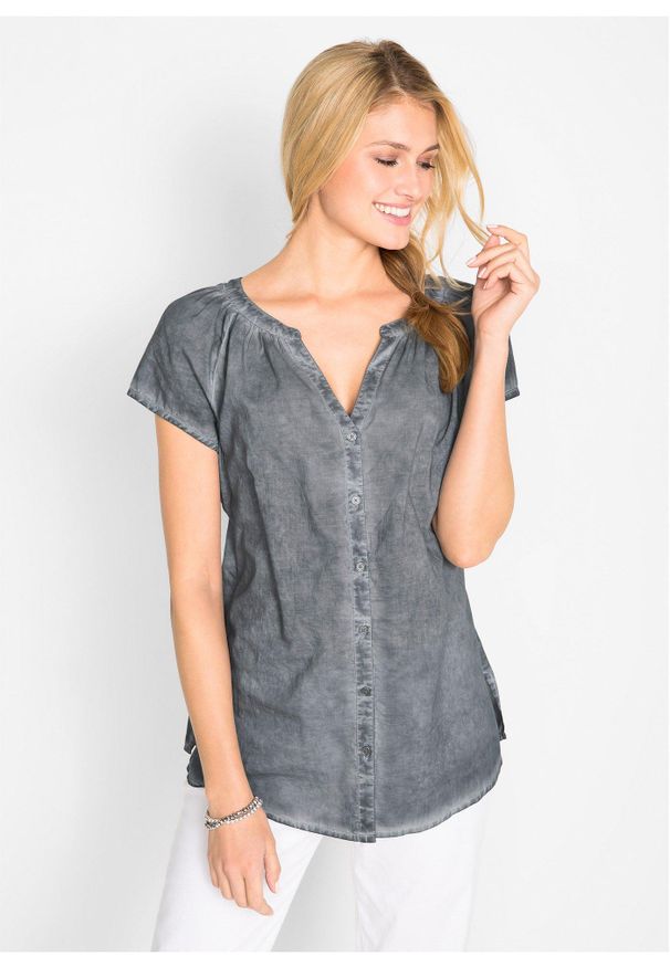 bonprix - "Bluzka bawełniana ""cold-dyed"", krótki rękaw, ze zrównoważonej bawełny". Kolor: szary. Materiał: bawełna. Długość rękawa: krótki rękaw. Długość: krótkie