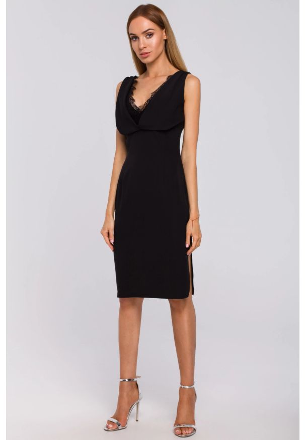 Sukienki.shop - Sukienka elegancka wieczorowa z lejącej tkaniny z koronką. Okazja: na randkę, na imprezę. Materiał: tkanina, koronka. Wzór: koronka. Styl: elegancki, wizytowy