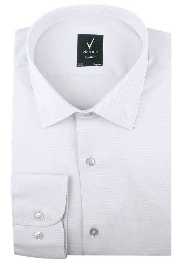 Elegancka Koszula Męska - Victorio - Biała. Okazja: na co dzień. Kolor: biały. Materiał: poliester, bawełna, elastan. Długość rękawa: długi rękaw. Długość: długie. Styl: elegancki