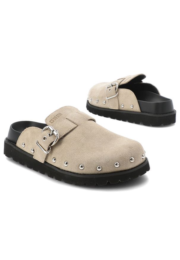 Big-Star - Klapki damskie Big Star, cholewka ze skóry naturalnej zamszowej z regulowanym paskiem i sprzączką, beżowe, RR274A376. Okazja: na co dzień, na spacer. Kolor: beżowy. Materiał: skóra, zamsz. Styl: casual, elegancki