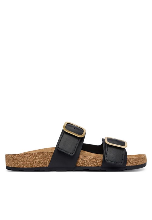 TOMMY HILFIGER - Tommy Hilfiger Klapki Leather Double Strap Cork Sandals FW0FW09118 Czarny. Kolor: czarny. Materiał: skóra
