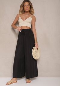 Renee - Czarne Szerokie Spodnie High Waist Ozdobione Wiązaniem Telonia. Okazja: na co dzień. Stan: podwyższony. Kolor: czarny. Wzór: aplikacja. Styl: casual, elegancki