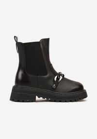 Born2be - Czarno-Czerwone Płaskie Botki Sztyblety z Łańcuchem Serenzia. Okazja: na uczelnię. Kolor: czarny. Materiał: jeans. Styl: klasyczny, elegancki