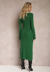 Renee - Ciemnozielona Dzianinowa Sukienka Midi na Guziki Lilaccia. Kolor: zielony. Materiał: dzianina. Typ sukienki: rozkloszowane, dopasowane. Długość: midi #5