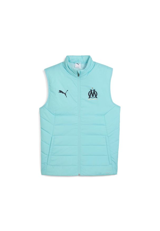 Puma - Kamizelka puchowa OM. Kolor: niebieski. Materiał: puch. Sport: piłka nożna