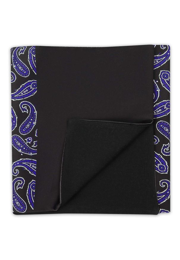 Adam Collection - Elegancki czarny szal do płaszcza w granatowy wzór - paisley L26. Kolor: czarny, wielokolorowy, niebieski. Materiał: wiskoza, tkanina. Wzór: paisley. Styl: elegancki