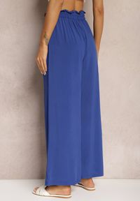 Renee - Granatowe Spodnie z Bawełny Typu Palazzo High Waist z Gumką w Talii Nelsaria. Stan: podwyższony. Kolor: niebieski. Materiał: bawełna. Sezon: lato #5