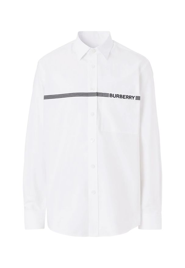 Burberry - BURBERRY - Biała koszula z logo. Kolor: biały. Materiał: bawełna. Wzór: nadruk. Styl: klasyczny