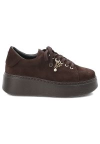 Sneakersy damskie Karino, na wysokiej platformie i skóra welurowa, czekoladowe, 5815-015-P. Okazja: na co dzień. Zapięcie: sznurówki. Kolor: brązowy. Materiał: welur, skóra. Obcas: na platformie. Styl: elegancki, casual, klasyczny #4