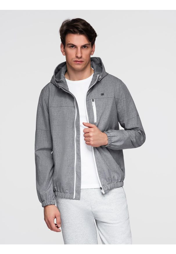 Ombre Clothing - Lekka sportowa męska kurtka z polarową podszewką – szara V3 - Rozmiar: XXL. Typ kołnierza: kołnierzyk stójkowy. Kolor: szary. Materiał: polar. Wzór: nadruk, aplikacja, melanż, ze splotem. Styl: sportowy