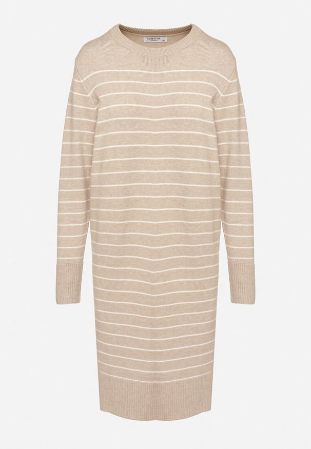 Born2be - Beżowa Sukienka w Paski z Dzianiny z Wiskozą o Prostym Kroju ze Ściągaczami Delirae. Okazja: na co dzień, na spotkanie biznesowe, do pracy. Kolor: beżowy. Materiał: wiskoza, dzianina. Wzór: paski. Typ sukienki: proste. Styl: biznesowy, casual, elegancki, klasyczny