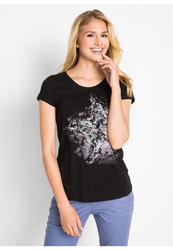 bonprix - Shirt bawełniany z przędzy mieszankowej, krótki rękaw. Kolor: czarny. Materiał: bawełna. Długość rękawa: krótki rękaw. Długość: krótkie. Wzór: nadruk