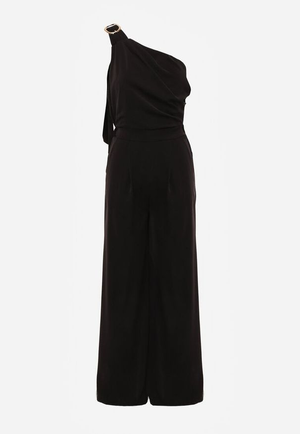 Renee - Czarny Koktajlowy Kombinezon Asymetryczny o Kroju na Jedno Ramię z Klamrą Hurinex. Kolor: czarny. Materiał: materiał. Długość rękawa: na ramiączkach. Styl: wizytowy