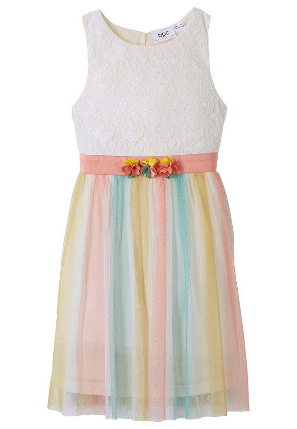 bonprix - Sukienka midi z delikatnej koronki i tiulu. Kolor: biały. Materiał: tiul, koronka. Wzór: koronka. Długość: midi