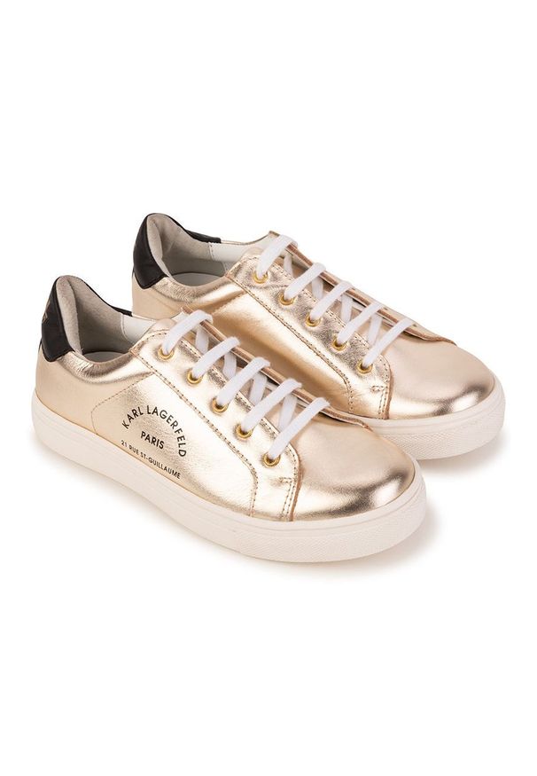 Karl Lagerfeld sneakersy skórzane dziecięce kolor beżowy. Nosek buta: okrągły. Zapięcie: sznurówki. Kolor: beżowy. Materiał: skóra