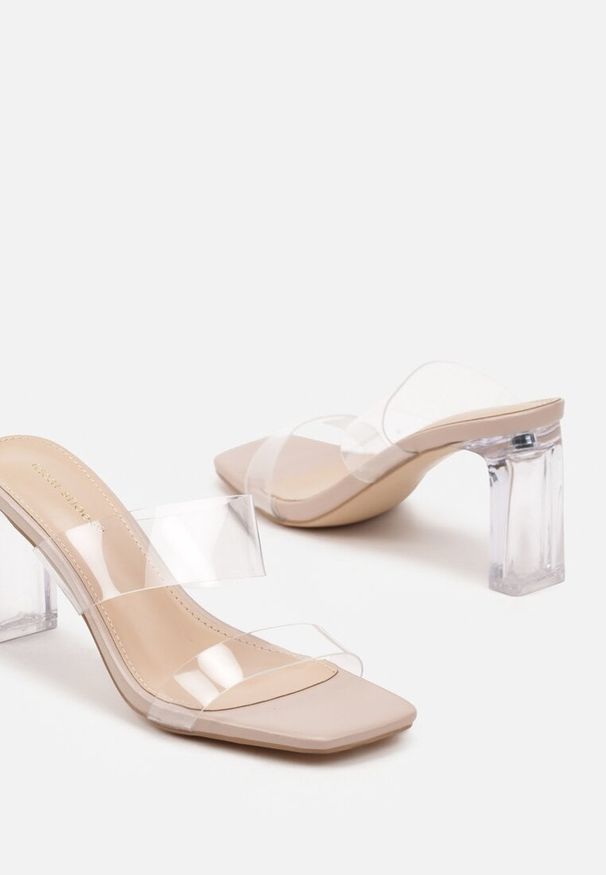 Born2be - Beżowe Transparentne Klapki na Obcasie Leaviriel. Okazja: na co dzień. Nosek buta: otwarty. Kolor: beżowy. Materiał: jeans. Obcas: na obcasie. Styl: elegancki, casual. Wysokość obcasa: średni