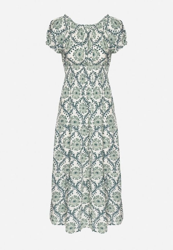 Born2be - Zielona Sukienka z Bawełną i Bufiastymi Rękawami Revilee. Okazja: na co dzień, na spacer. Kolor: zielony. Materiał: bawełna. Wzór: aplikacja. Styl: casual, elegancki