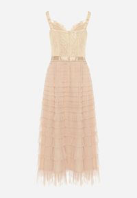 Born2be - Beżowa Sukienka Maxi na Ramiączkach z Gorsetową Górą i Tiulowymi Falbanami Encartia. Typ kołnierza: dekolt gorset. Kolor: beżowy. Materiał: tiul. Długość rękawa: na ramiączkach. Typ sukienki: gorsetowe. Długość: maxi #3