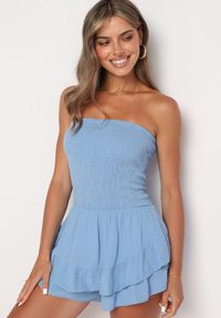 Born2be - Jasnoniebieski Kombinezon z Bawełny z Elastyczną Gumką w Talii i Falbanką Olialia. Okazja: na spacer. Kolor: niebieski. Materiał: bawełna. Sezon: lato #5