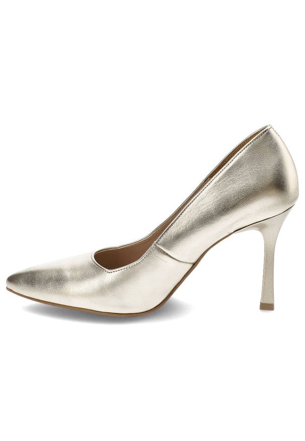 Złote Czółenka Karino Eleganckie Skórzane Buty. Kolor: złoty. Materiał: skóra. Szerokość cholewki: normalna. Sezon: lato. Obcas: na szpilce. Styl: elegancki