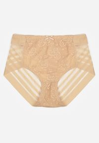 Renee - Beżowe Siateczkowe Majtki Figi High Waist z Koronkowymi Zdobieniami Heylih. Stan: podwyższony. Kolor: beżowy. Materiał: koronka. Wzór: aplikacja #1